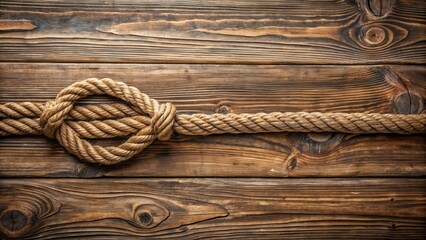 Fototapeta premium Rustic Hemp Rope Knot on Weathered Wooden Planks A Nautical Theme Background