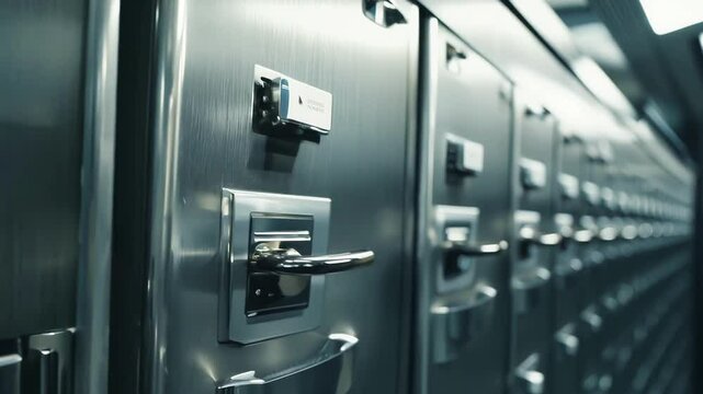 Secure safety deposit boxes in a bank vault with metallic locks and handles. Concept of security, financial protection, wealth storage, banking safety, privacy, investment, confidential assets
