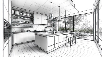 Modern kitchen sketch, open-plan design, backyard view, architectural drawing