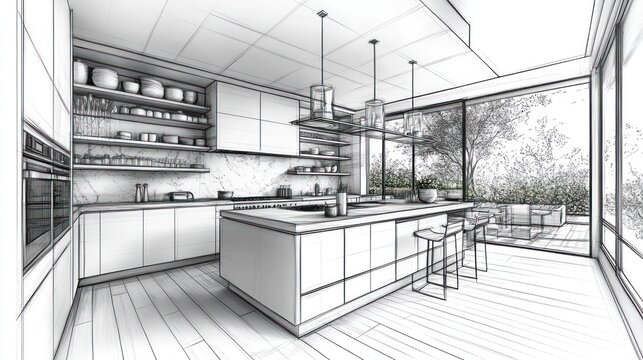 Modern kitchen sketch, open-plan design, backyard view, architectural drawing