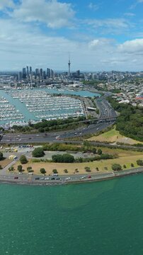 Aerial vertical video of Auckland of New Zealand in daytime