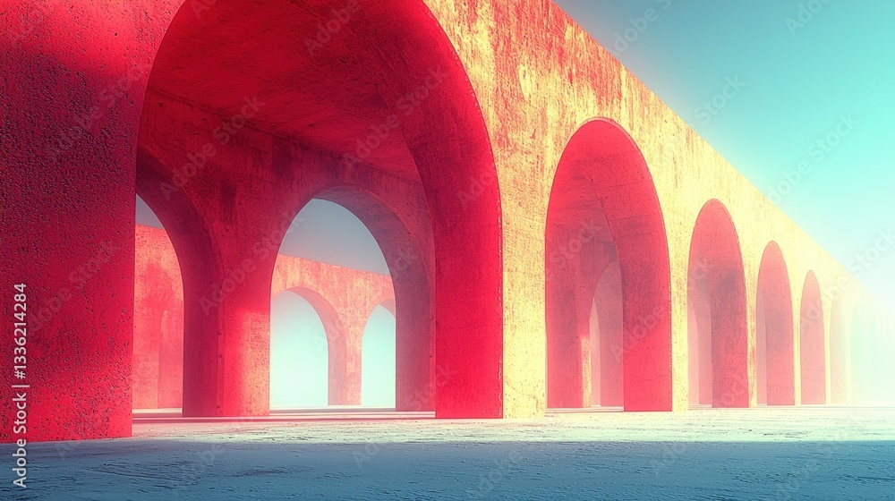 Poster abstract architectural design with arches and vibrant red color in a misty environment