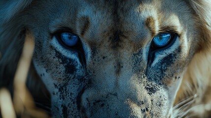 Majestic black-and-white lion with piercing blue eyes, a symbol of rare beauty and untamed wilderness.
