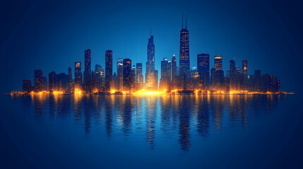 Fototapeta premium Night cityscape reflected in calm water, glowing lights illuminating buildings