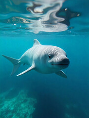 Fototapeta premium A vaquita swimming in the Gulf of California during a sunny summer afternoon, surrounded by clear blue water and vibrant marine life