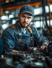 Skilled mechanic working in industrial workshop close-up portrait tools
