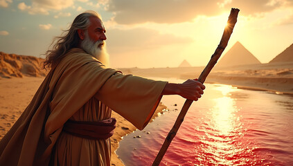 Over the Nile River, Moses extends his staff as it turns to blood