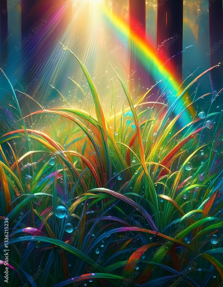 Poster a cluster of dew-covered grass with light refracting into a subtle rainbow.