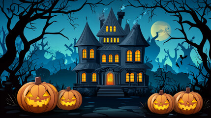 Enchanting haunted house, illuminated pumpkins, spooky night scenery halloween