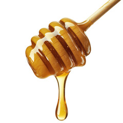 Delicious golden honey dripping from a wooden honey spoon.