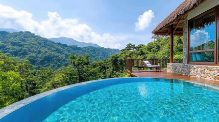 Luxury Oasis: An idyllic pool with crystal clear water in a tropical paradise with mountains and lush green trees.