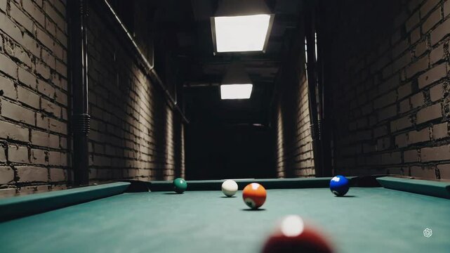 Pool Table Scene with Colorful Balls in Dimly Lit Room Footage