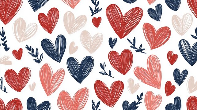 Seamless pattern of multiple red and blue hearts on a white background. the hearts are arranged in a repeating pattern, with each heart having a different color - red, blue, and beige.