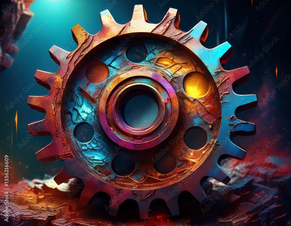 Poster a corroded gear with jagged edges and multicolored rust deposits.
