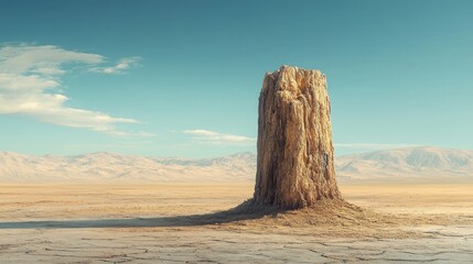 Solitary rock formation in a vast desert landscape under a clear sky