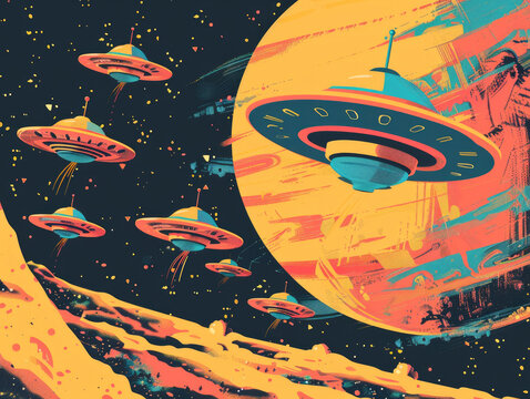 Retro space alien flying saucers zooming through outer space 1960s campy fun color tv show kids cartoon storybook vintage illustration style	 - Powered by Adobe