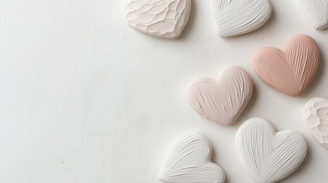 Flat lay of multiple heart-shaped objects arranged in a scattered manner on a white background. the hearts are of different sizes and colors, including white, pink, and light pink.
