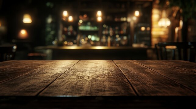 Empty wooden bar table in a dark pub