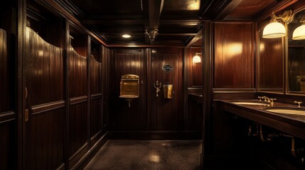 A vintage men's restroom with dark wooden stalls, brass fixtures, and an old-fashioned shoe shine station