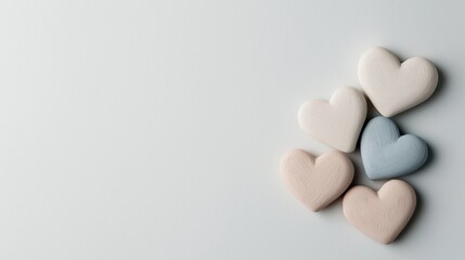 Obraz premium Group of five small, heart-shaped objects arranged in a line on a plain white background. the objects are of different colors - one is light pink, one is blue, and one is beige.