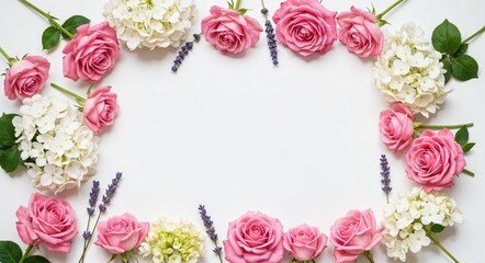 Romantic Mixed Floral Frame with Roses, Hydrangeas and Lavender with Copy Space for Events