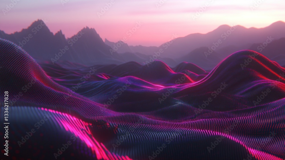 Poster abstract rendered landscape with mountains and glowing colorful waves