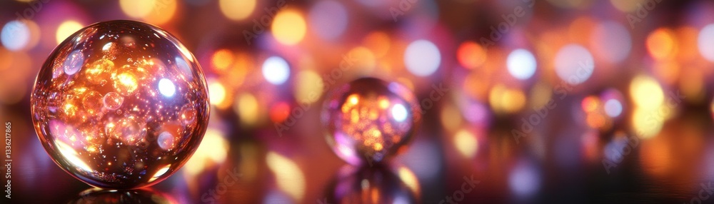 Poster shiny spheres reflect light with an out of focus background