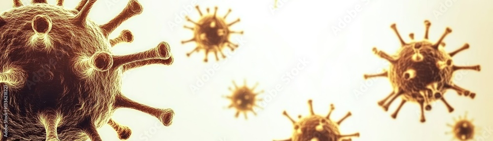 Poster several microscopic spherical viruses spread across a light background