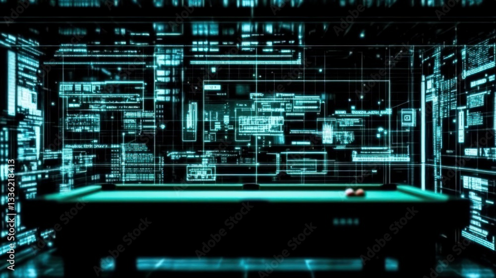 Poster A futuristic pool table set in a data driven environment