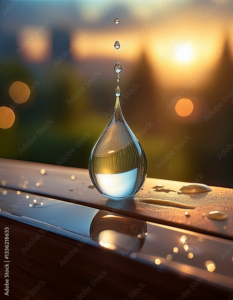 Poster a dewdrop about to fall from the edge of a window ledge.