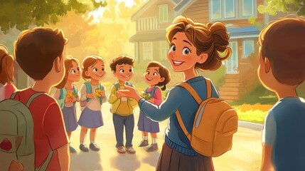 A teacher welcoming a group of children on their first day of school, warm smile --ar 16:9 --v 6.1 Job ID: 78f9d31b-99ec-4af6-a9a6-0080bd467e49