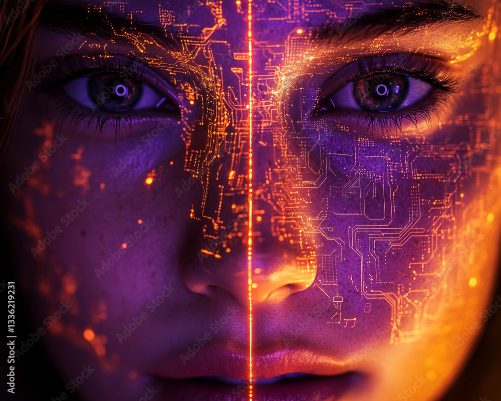 Poster close-up of a face with an overlay of glowing circuit lines, creating a futuristic, technological ef