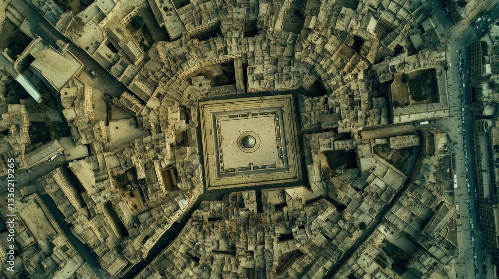 Aufkleber aerial view depicts a square structure in a circular city design