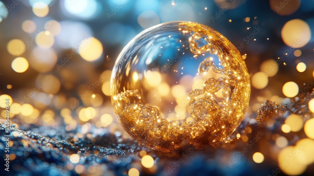 Poster a transparent orb surrounded by golden lights on surface