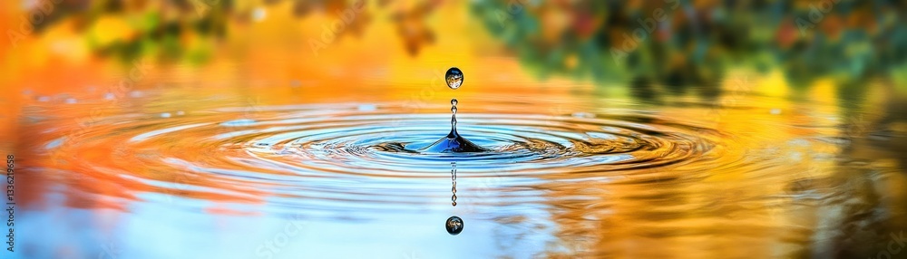 Poster A droplet falling into water creating concentric circular ripples gently