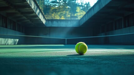Tennis ball on court under concrete structures, sunlit