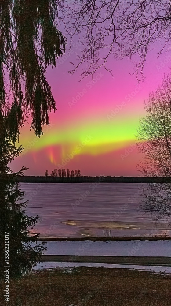 Poster spectacular aurora borealis display over a frozen lake at twilight