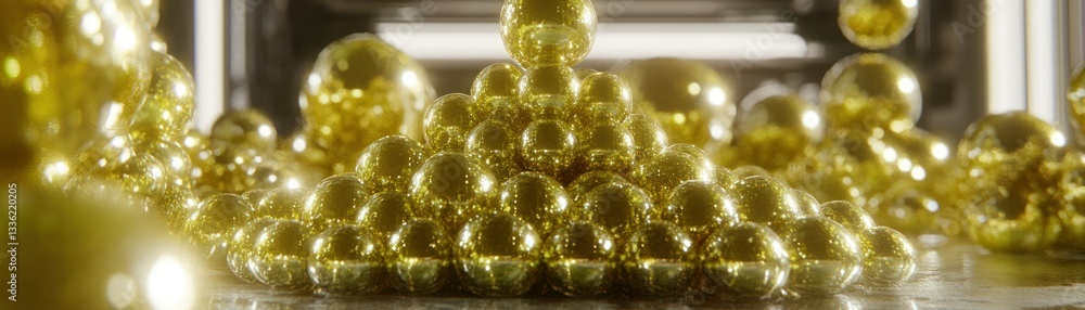 Poster Many golden spheres arranged into a triangular stack shape