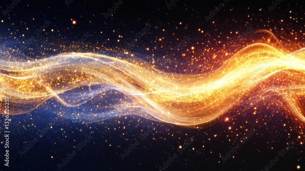Poster Glowing wavy lines and sparkles against a dark space background