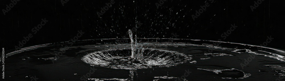 Poster water droplet impact creating a splash and upward flowing crown