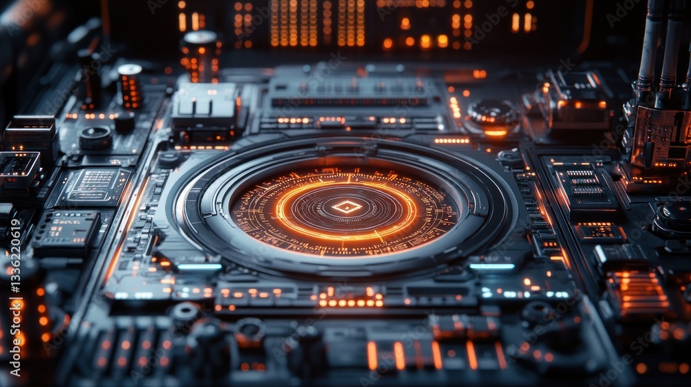 Poster futuristic circuit board with glowing central hub; complex electronic system in a dark environment