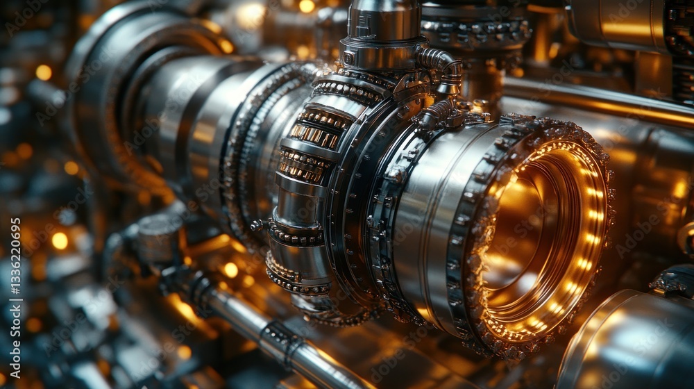 Poster Futuristic metallic pipeline system with intricate mechanisms and glowing inner parts
