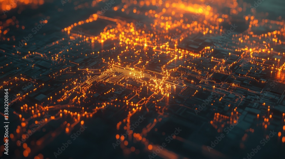 Poster illuminated circuit board illustrates electronic connections and data flow