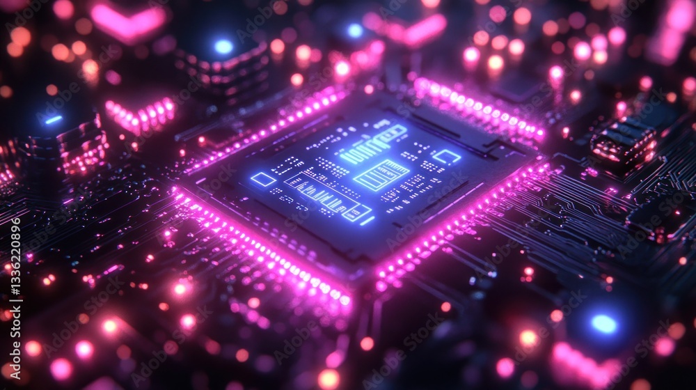 Poster glowing cpu on circuit board, digital network background, tech concept