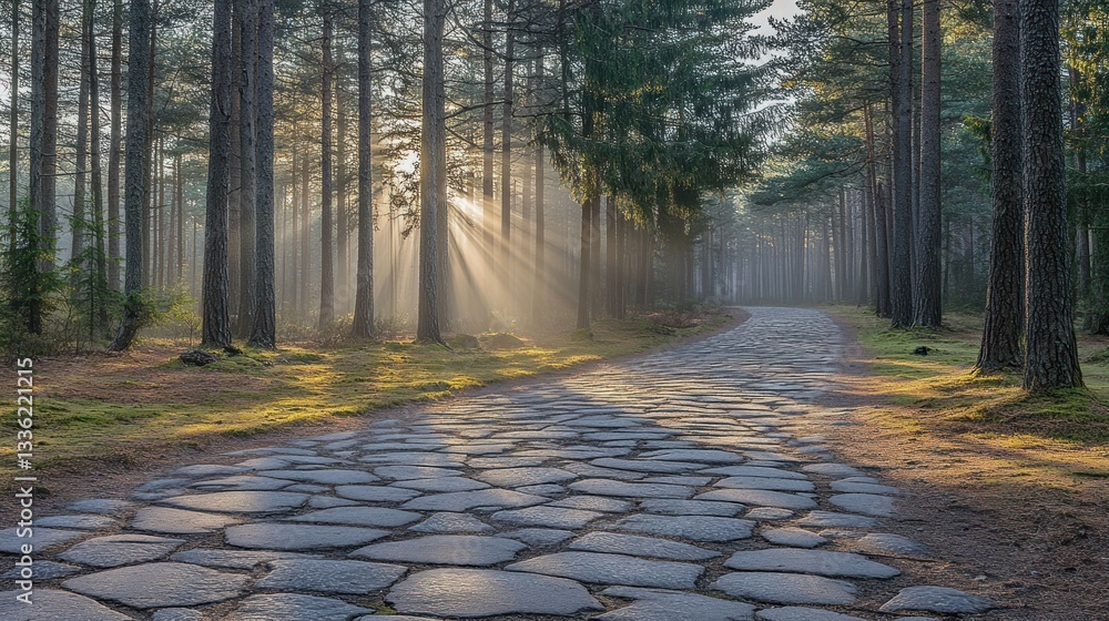 Poster Sunlight shines down a stony path through a quiet forest setting