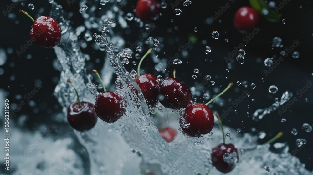 Poster Fresh cherries splashing through water creating a dynamic composition