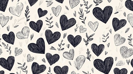Fototapeta premium Seamless pattern of black and white hearts on a light beige background. the hearts are arranged in a repeating pattern, with some overlapping each other.