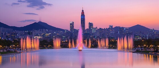 Fototapeta premium Beautiful cityscape shows colorful fountains and modern architecture at dusk