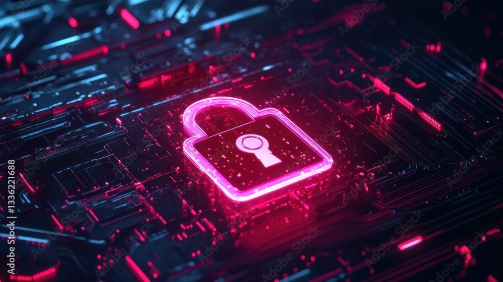 Poster Glowing red secure padlock symbol on a technology circuit board