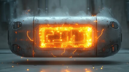 Obraz premium Glowing futuristic pod, energy surge, dark factory, sci-fi concept